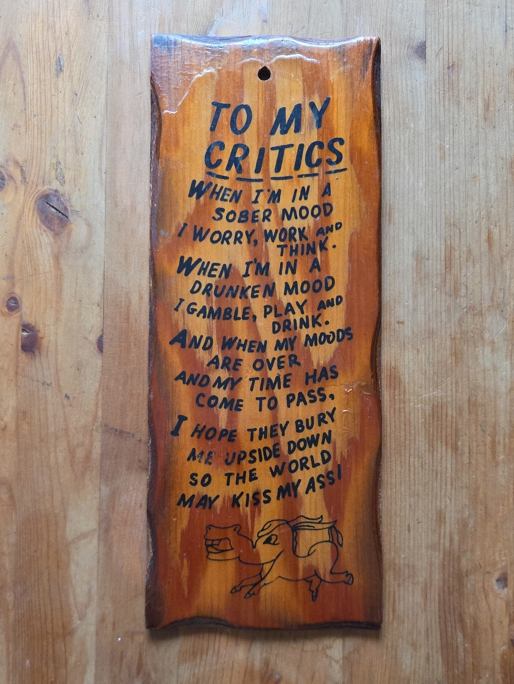 Vintage 1970s Novelty Wood Plaque Bar Sign To My Critics Kiss My Ass Poem Donkey